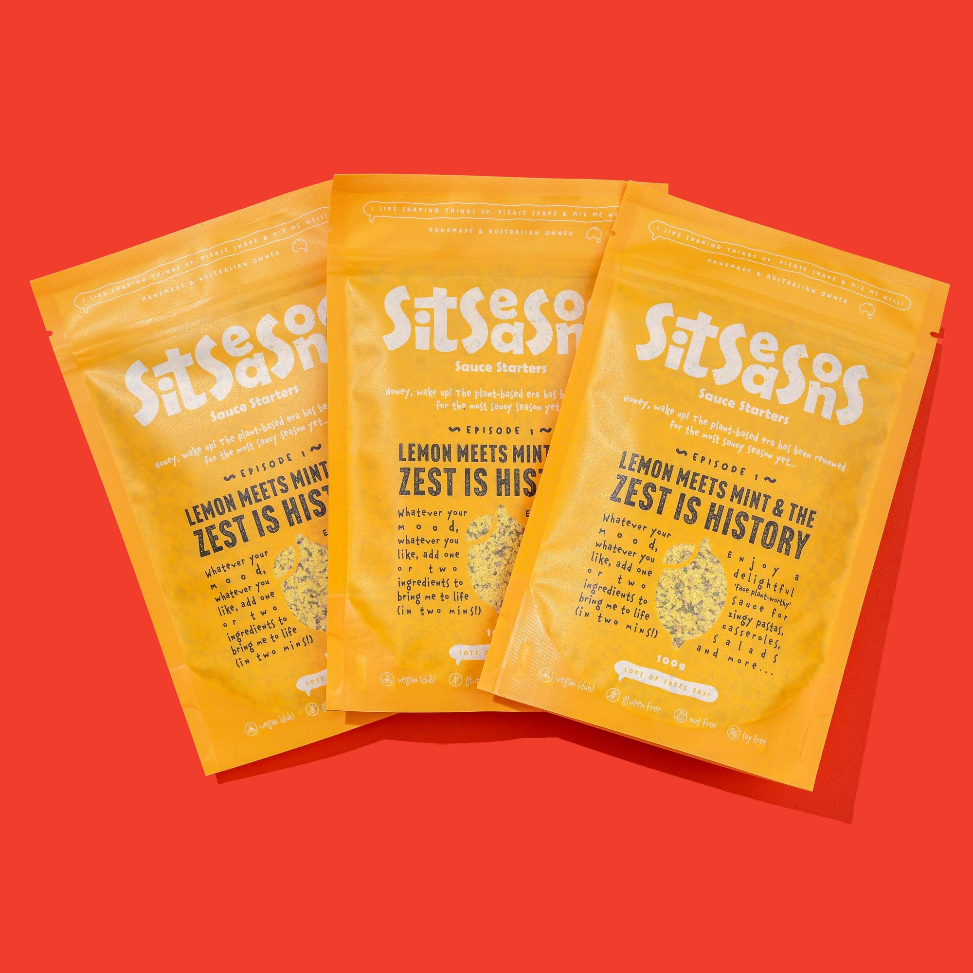 Three 100g yellow packets of vegan lemon sauce