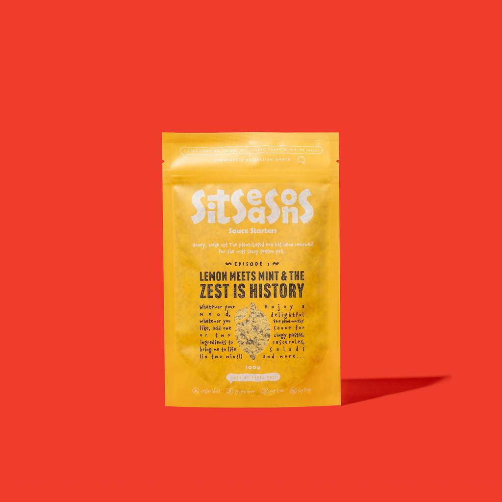 Vegan lemon sauce in a standing yellow 100g packet