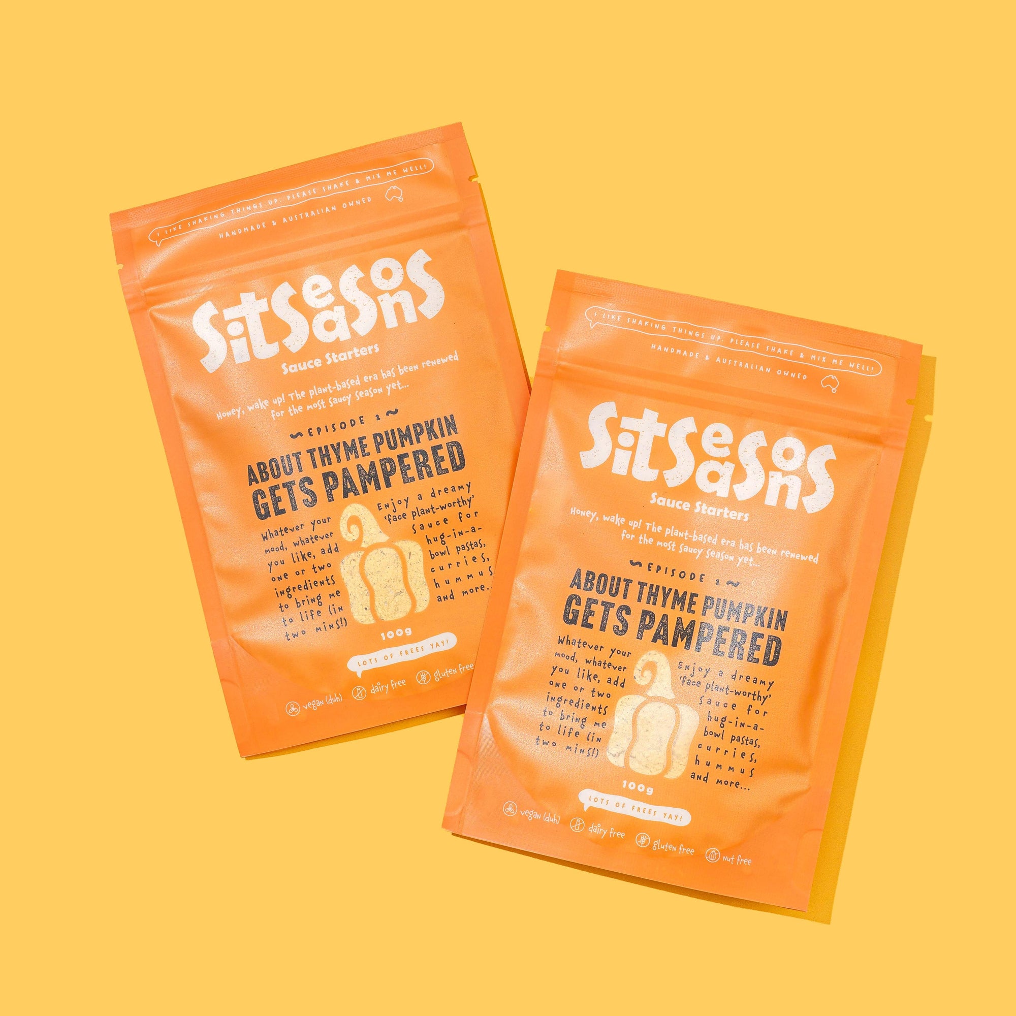 Two 100g orange packets of vegan pumpkin sauce